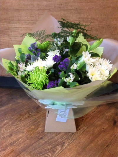 Meadow Fresh - Beautiful hand picked flowers and foliage, classic greens, purples and creams , handtied, wrapped in tissue and presented in a box.

 

Each and every display is one-of-a-kind, created by an artisan florist using the most beautiful and fresh stems available on the day so, whilst your gift may look different to the one pictured, we do guarantee that your specific arrangement will be fresh, beautiful and that your recipient will love it!