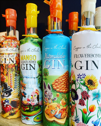 Copper in the Clouds - Quite simply, we’re a small, tight-knit team, working from a farm in Hertfordshire, striving to make the very best spirits and package them in a way that delights.

Red leaf Gin 70cl 42% abv
Mango and black pepper gin 70cl 43% abv 
Marmalade Gin 70cl 41% abv 
Flowerbomb Gin 70cl 40% abv

Flavours:- Red Leaf Gin, Mango & Black Pepper, Marmalade, Flowerbomb