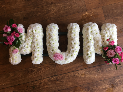 Massed Letters - Mum - Letters based in white chrysanths with flower sprays in a colour of your choice
